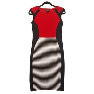 ENFOCUS STUDIO Colorblock Red Black White Stripe Print Illusion Sheath Dress 4 S